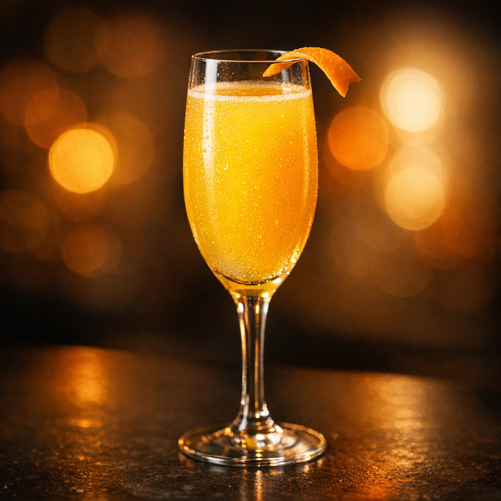 Hyperrealistische Mimosa im Sektglas vor orange-goldenem Licht