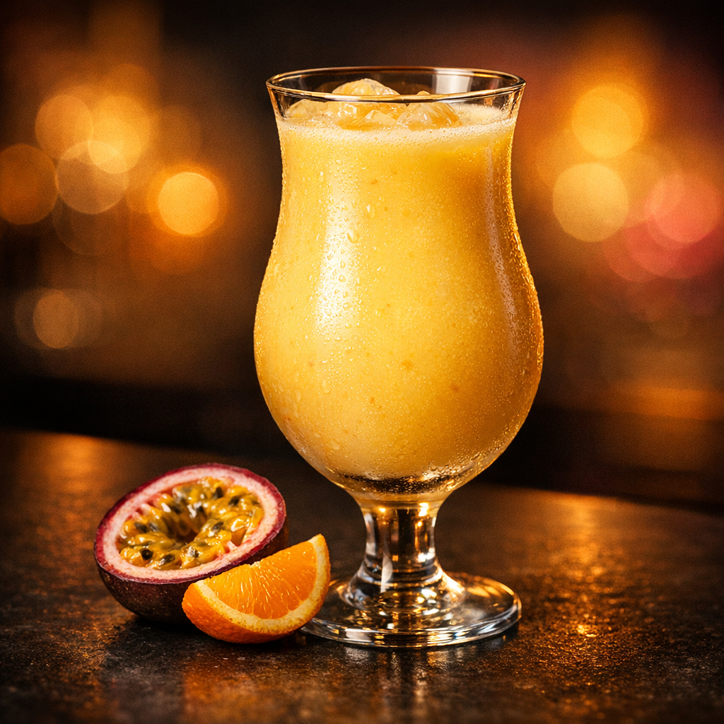 Hyperrealistischer Solero Cocktail vor orange-gelbem Licht mit Maracuja neben dem Glas