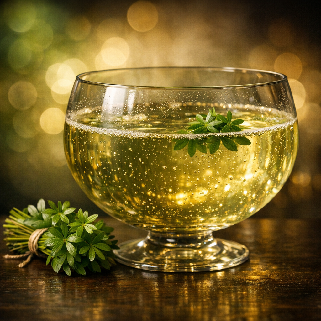 Hyperrealistische Maibowle mit Waldmeister vor hellgrün-goldenem Licht