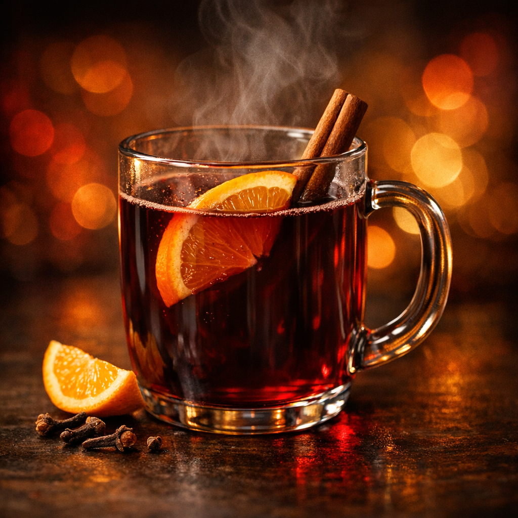 Hyperrealistischer Glühwein im hitzefesten Glas vor rot-orangefarbenem Licht