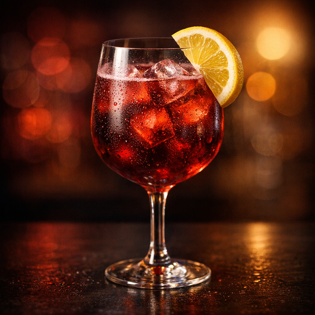 Hyperrealistischer Tinto de Verano mit Eis vor rubinrot-zitronigem Licht