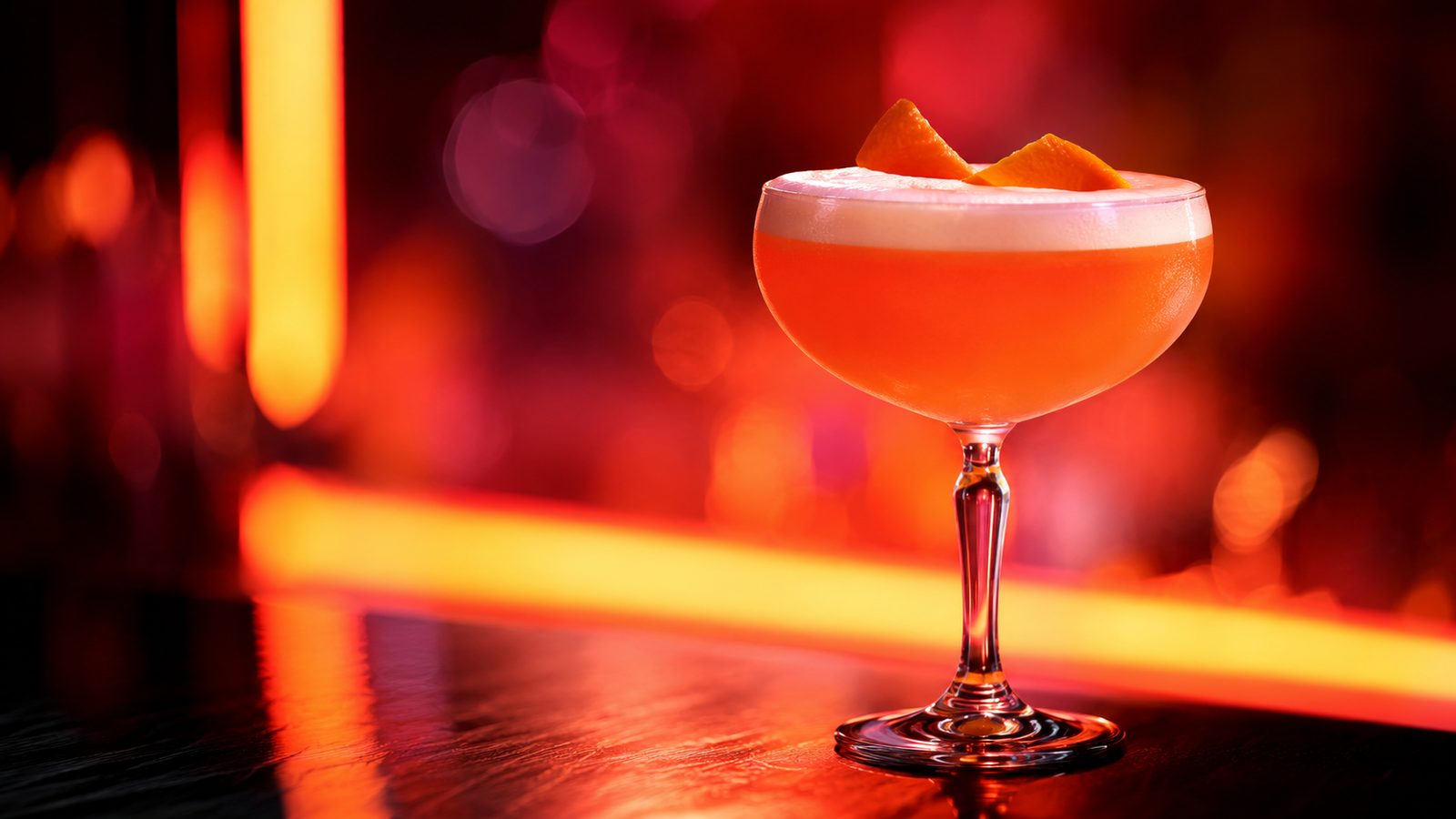 Aperol Sour vor extrem unscharfem Neonhintergrund in der Farbe des Drinks
