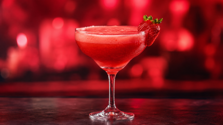 Erdbeer Daiquiri vor extrem unscharfem Neonhintergrund in der Farbe des Drinks