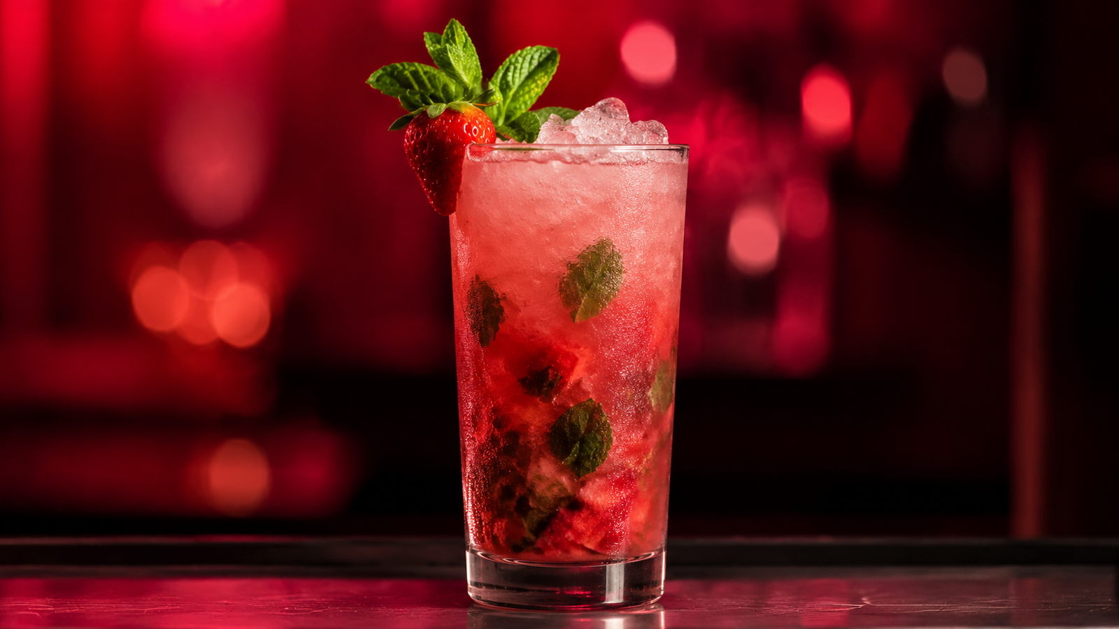 Neon Rezeptbild 232489 Erdbeer Mojito Erdbeer Mojito vor extrem unscharfem Neonhintergrund in der Farbe des Drinks