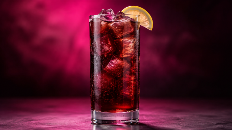 Kalimotxo vor extrem unscharfem Neonhintergrund in der Farbe des Drinks