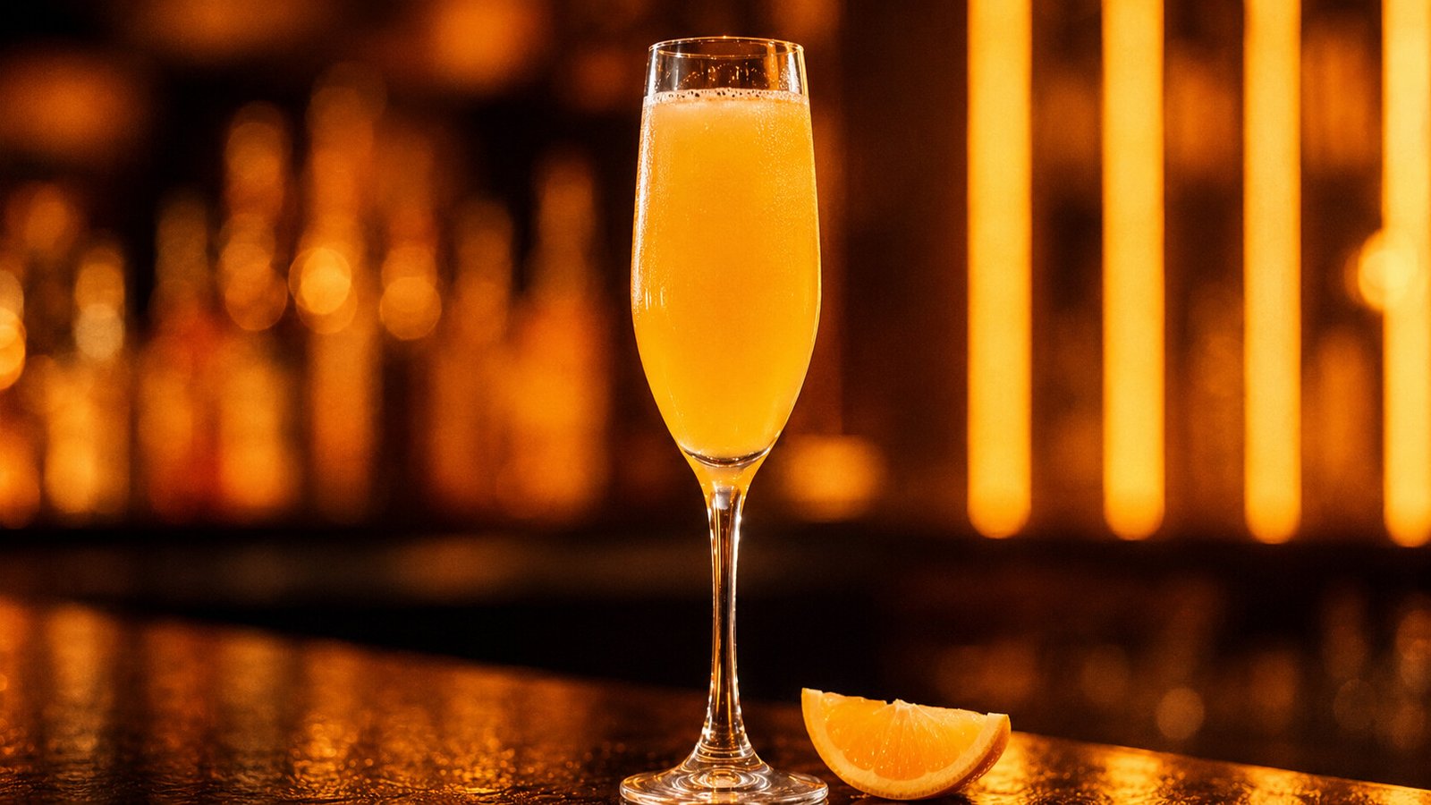 Mimosa vor passendem orange-goldenem Neonlicht im Alkoholy-Stil