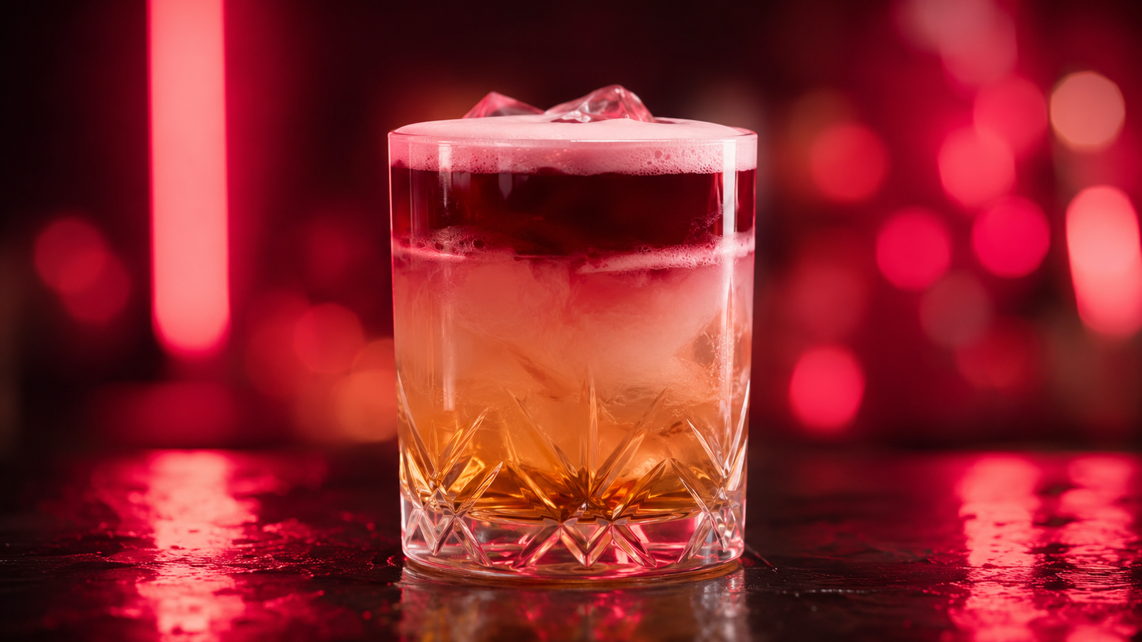 New York Sour vor extrem unscharfem Neonhintergrund in der Farbe des Drinks