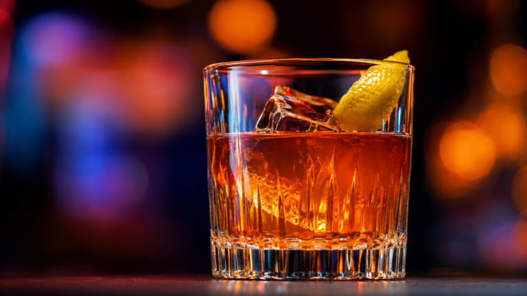Sazerac vor extrem unscharfem Neonhintergrund in der Farbe des Drinks