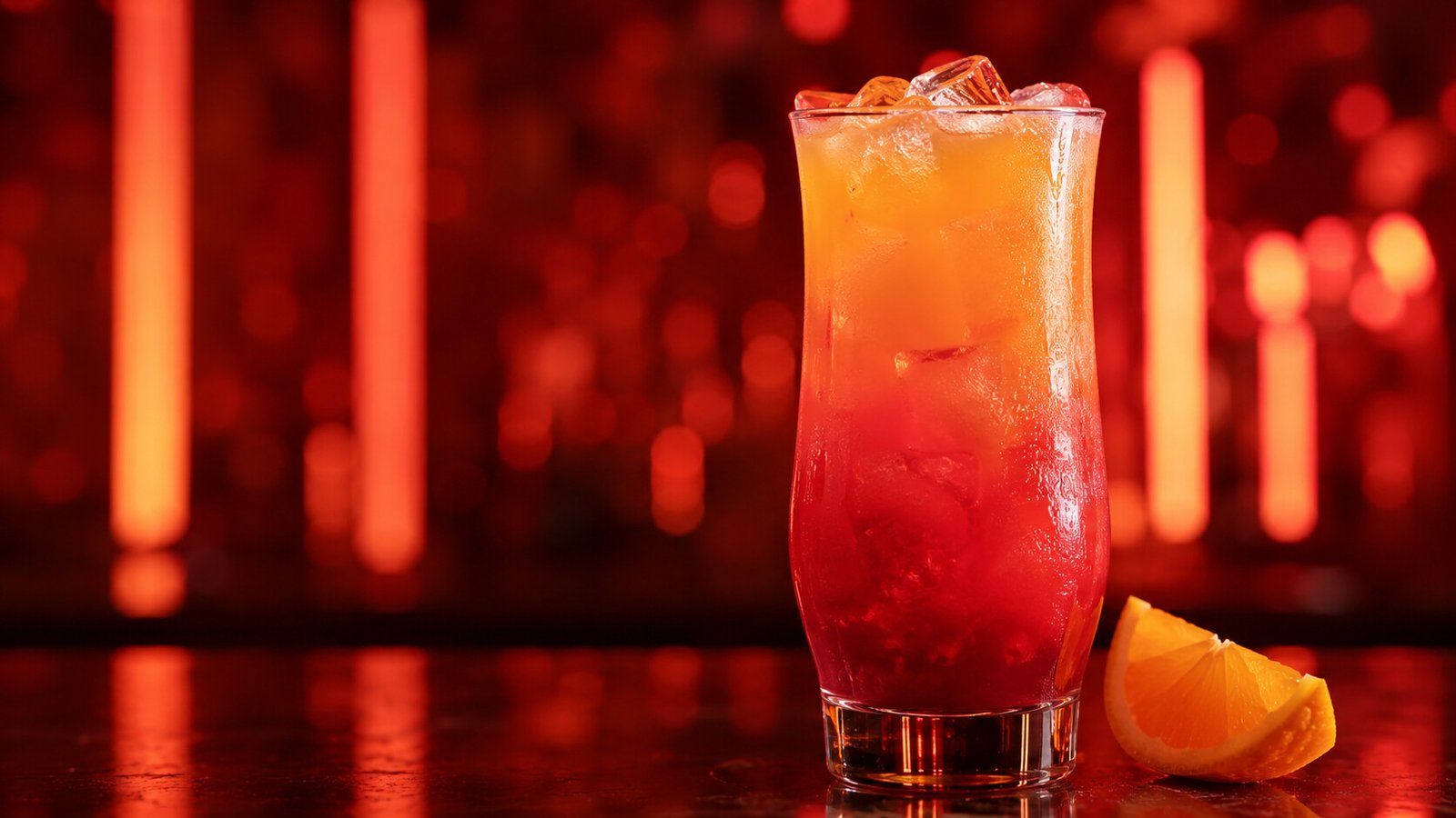 Sex on the Beach vor passendem orange-rotem Neonlicht im Alkoholy-Stil