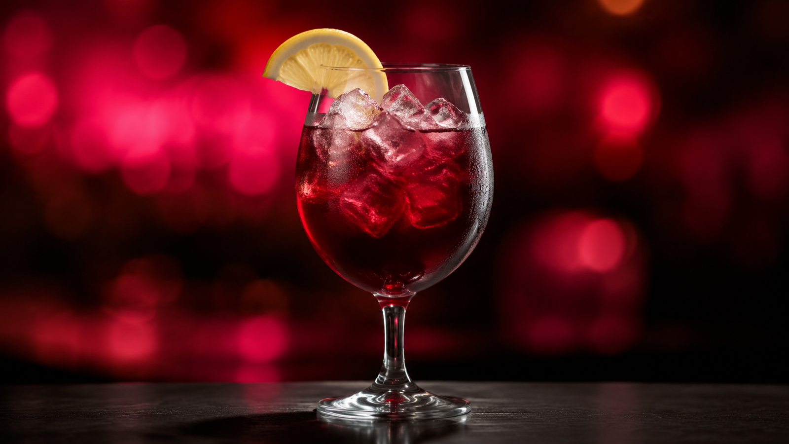 Neon Rezeptbild 232495 Tinto de Verano Tinto de Verano vor extrem unscharfem Neonhintergrund in der Farbe des Drinks