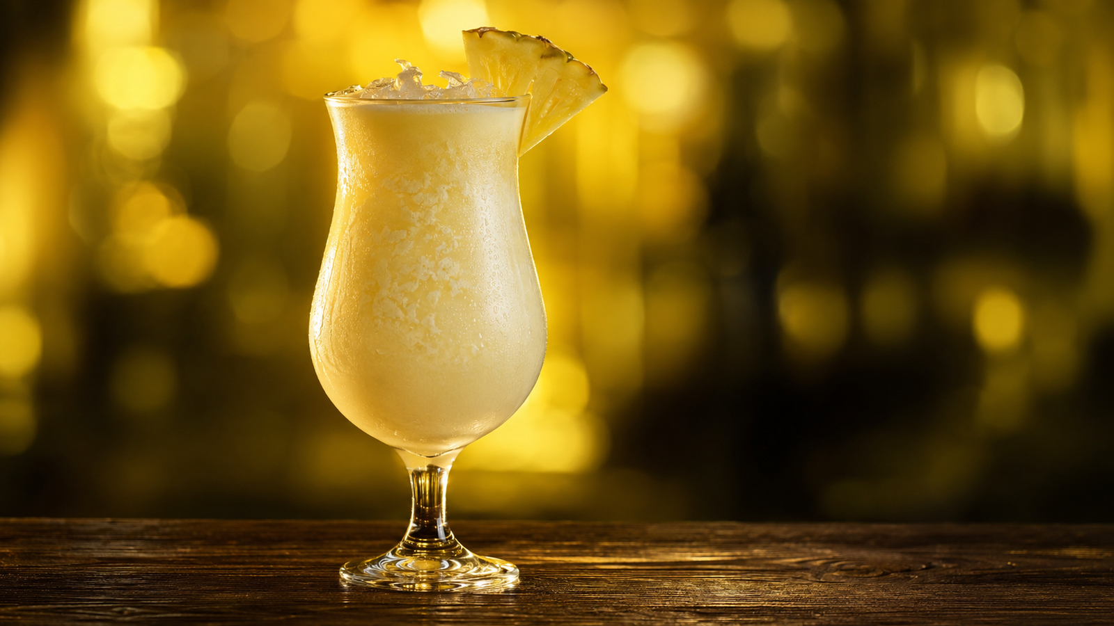 Virgin Piña Colada vor extrem unscharfem Neonhintergrund in der Farbe des Drinks