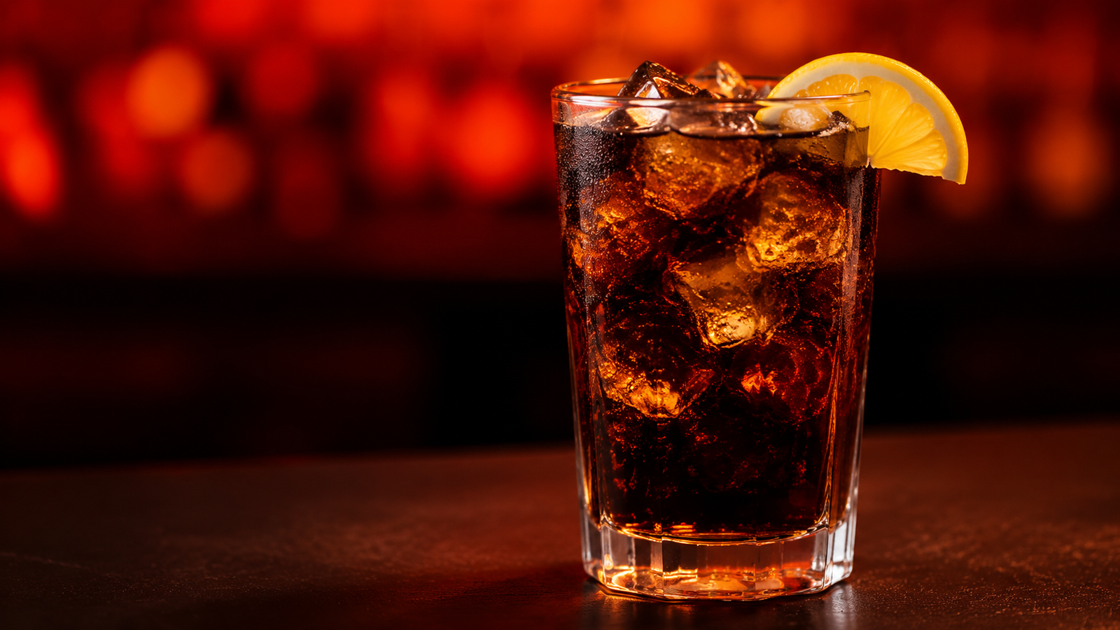 Neon Rezeptbild 232493 Whiskey Cola Whiskey Cola vor extrem unscharfem Neonhintergrund in der Farbe des Drinks
