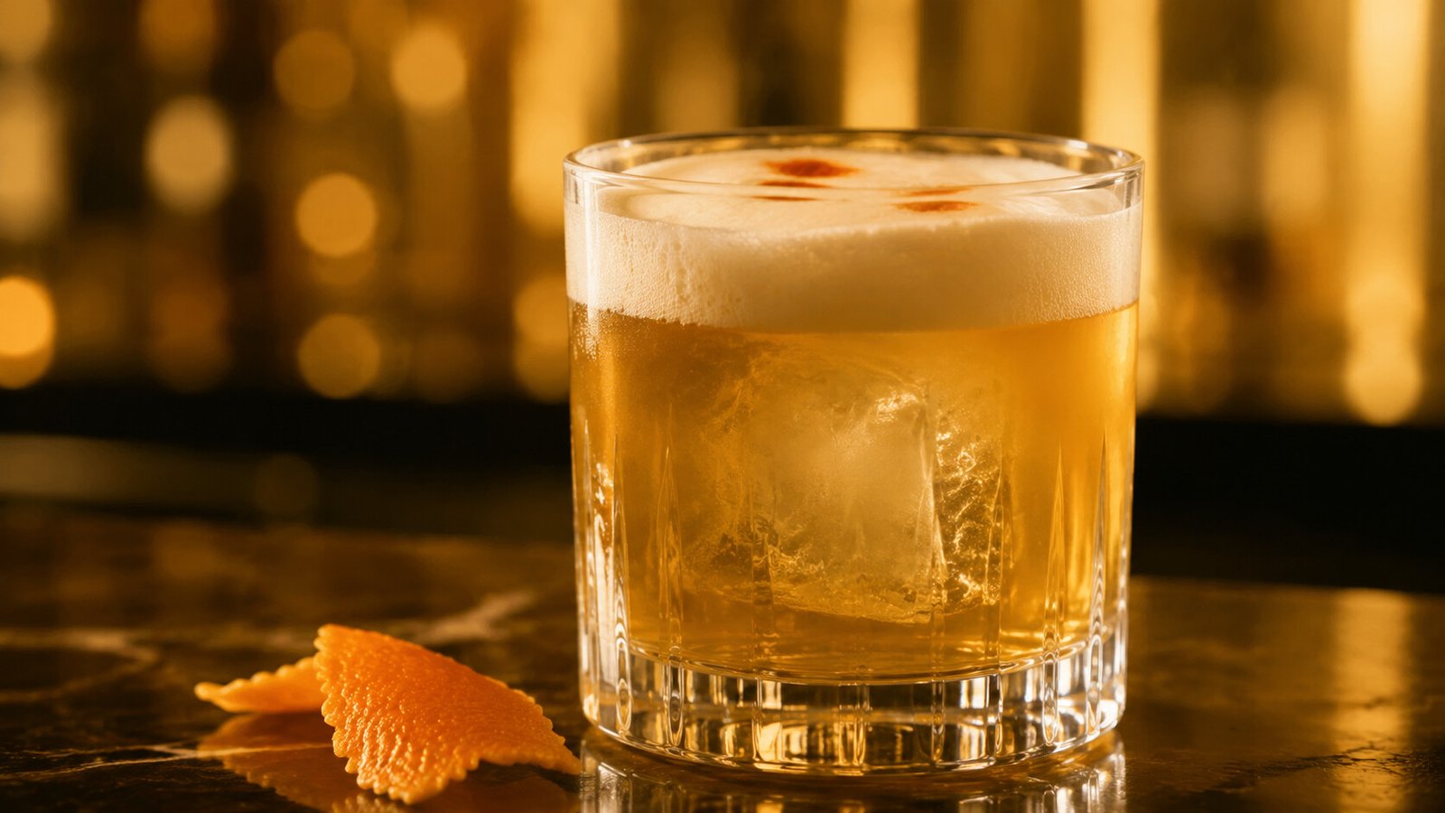 Whiskey Sour – Alkoholy Neon Whiskey Sour vor passendem gold-bernsteinfarbenem Neonlicht im Alkoholy-Stil